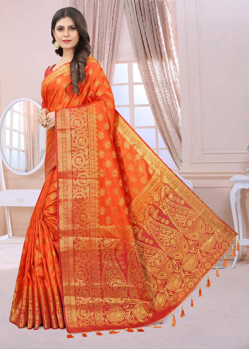 RUST-RED JACQUARD BALATON SILK SAREE WITH GOLD JARI BUTTI