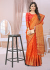 RUST-RED JACQUARD BALATON SILK SAREE WITH GOLD JARI BUTTI