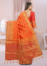 RUST-RED JACQUARD BALATON SILK SAREE WITH GOLD JARI BUTTI