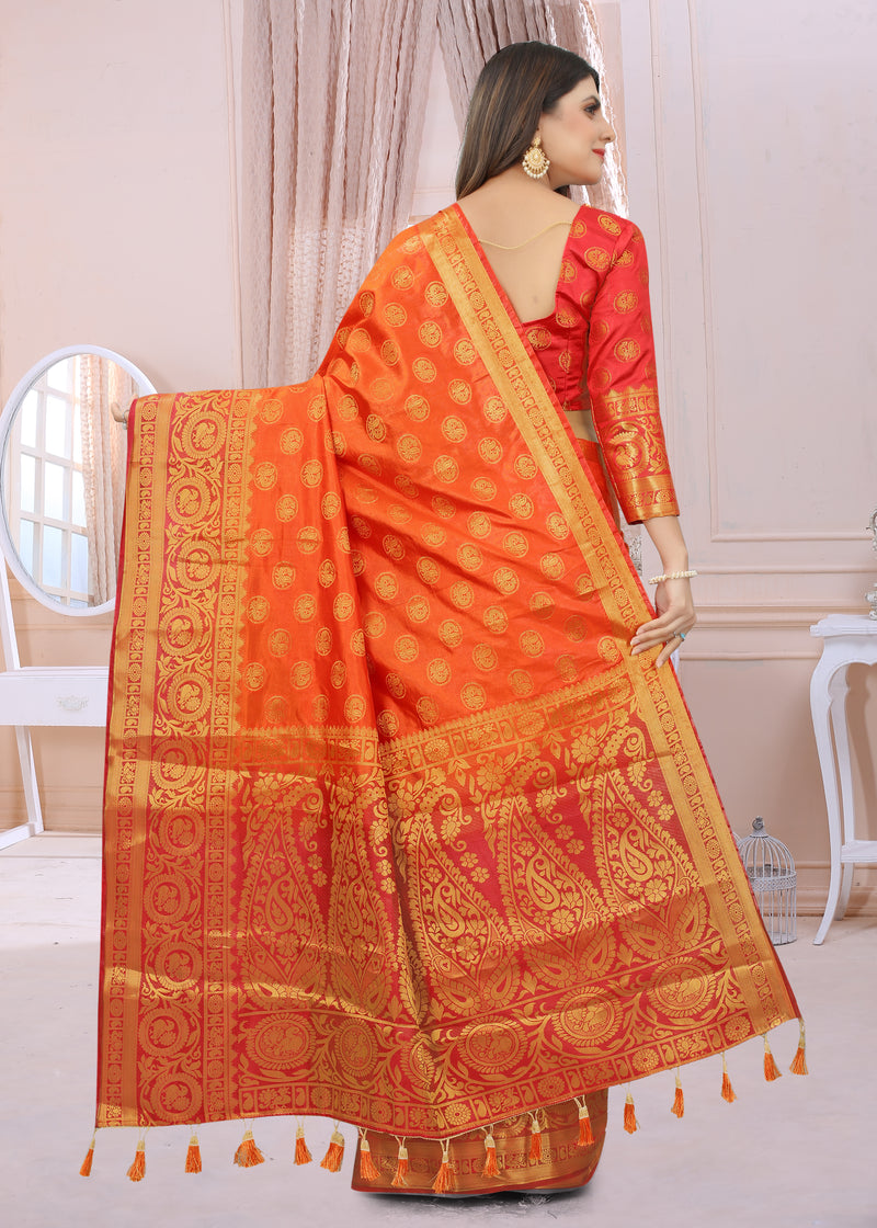 RUST-RED JACQUARD BALATON SILK SAREE WITH GOLD JARI BUTTI
