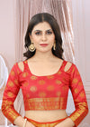 RUST-RED JACQUARD BALATON SILK SAREE WITH GOLD JARI BUTTI