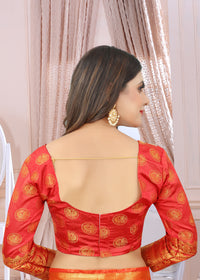 RUST-RED JACQUARD BALATON SILK SAREE WITH GOLD JARI BUTTI