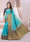 SKY-NAVY BLUE JACQUARD BALATON SILK SAREE WITH GOLD JARI BUTTI
