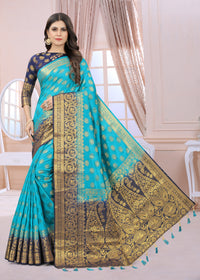 SKY-NAVY BLUE JACQUARD BALATON SILK SAREE WITH GOLD JARI BUTTI
