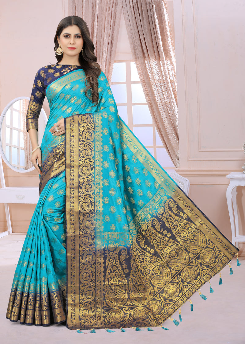 SKY-NAVY BLUE JACQUARD BALATON SILK SAREE WITH GOLD JARI BUTTI