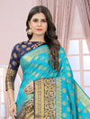 SKY-NAVY BLUE JACQUARD BALATON SILK SAREE WITH GOLD JARI BUTTI