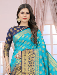 SKY-NAVY BLUE JACQUARD BALATON SILK SAREE WITH GOLD JARI BUTTI