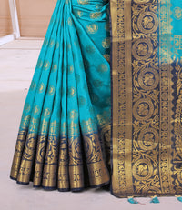 SKY-NAVY BLUE JACQUARD BALATON SILK SAREE WITH GOLD JARI BUTTI
