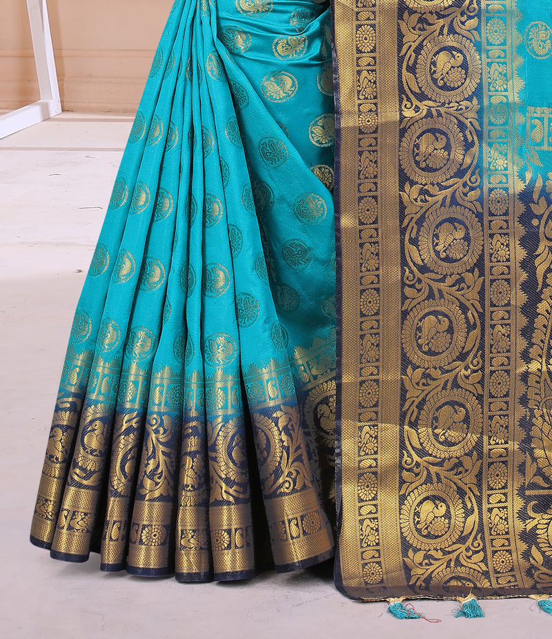 SKY-NAVY BLUE JACQUARD BALATON SILK SAREE WITH GOLD JARI BUTTI