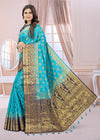 SKY-NAVY BLUE JACQUARD BALATON SILK SAREE WITH GOLD JARI BUTTI