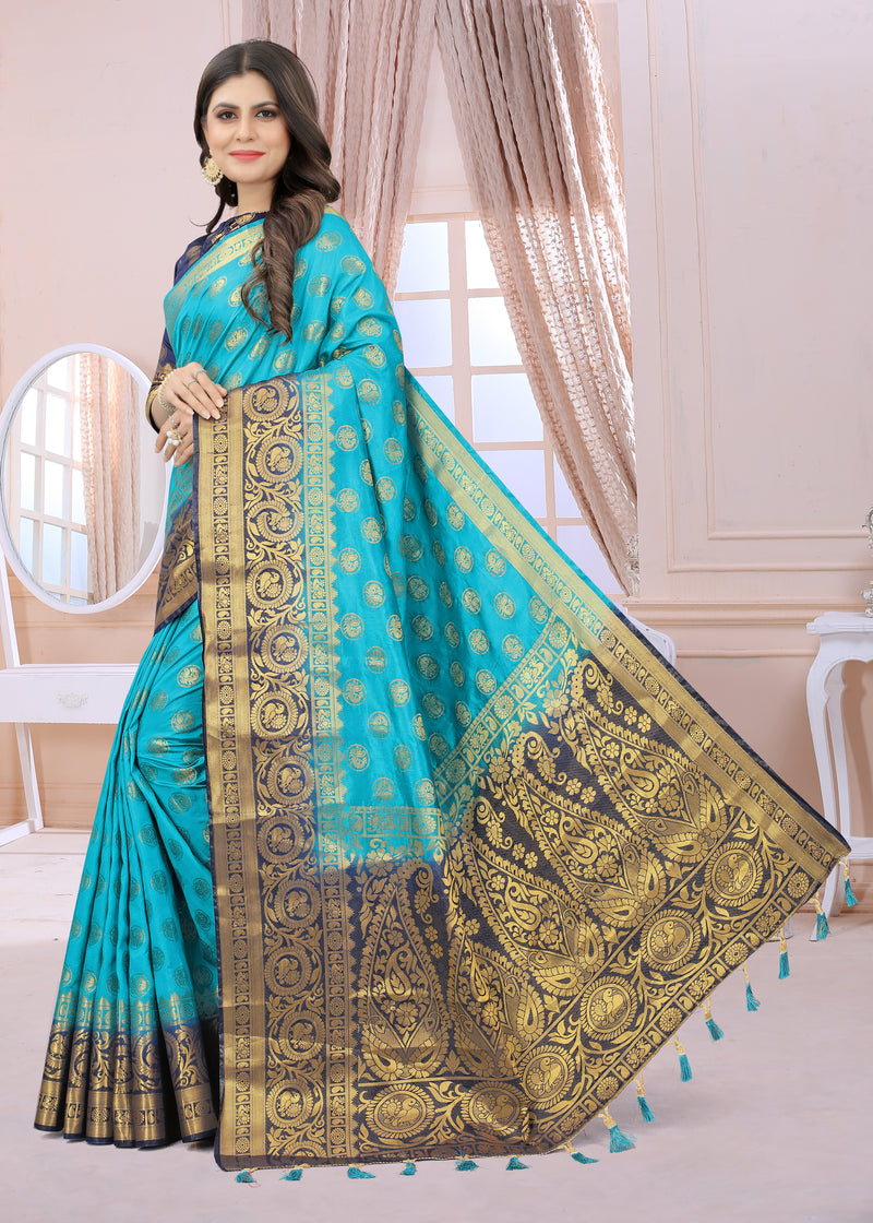 SKY-NAVY BLUE JACQUARD BALATON SILK SAREE WITH GOLD JARI BUTTI