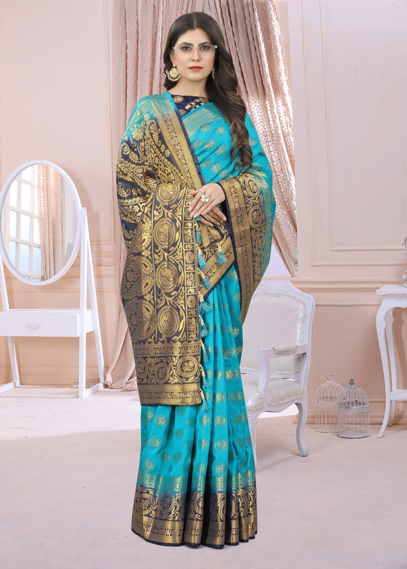 SKY-NAVY BLUE JACQUARD BALATON SILK SAREE WITH GOLD JARI BUTTI