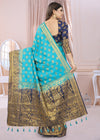 SKY-NAVY BLUE JACQUARD BALATON SILK SAREE WITH GOLD JARI BUTTI