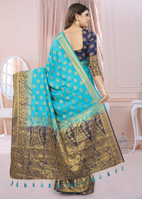 SKY-NAVY BLUE JACQUARD BALATON SILK SAREE WITH GOLD JARI BUTTI