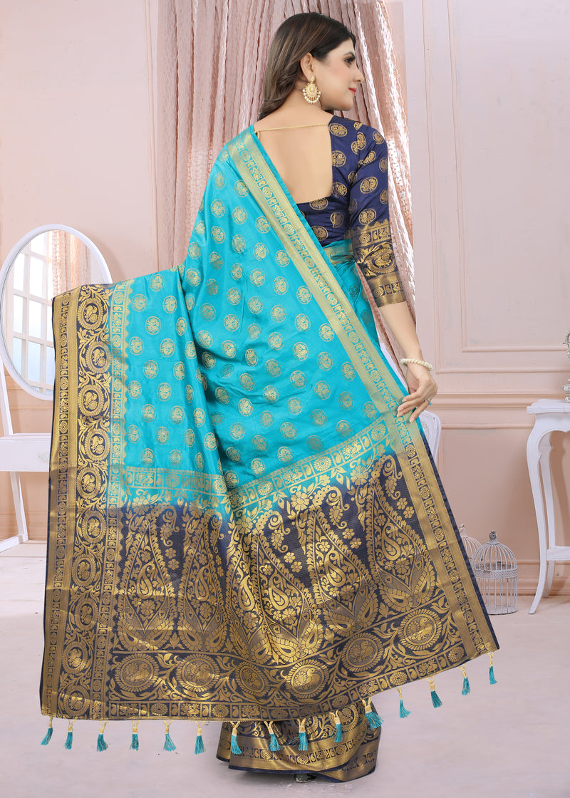 SKY-NAVY BLUE JACQUARD BALATON SILK SAREE WITH GOLD JARI BUTTI