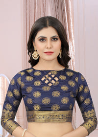 SKY-NAVY BLUE JACQUARD BALATON SILK SAREE WITH GOLD JARI BUTTI