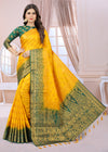 YELLOW-GREEN JACQUARD BALATON SILK SAREE WITH GOLD JARI BUTTI