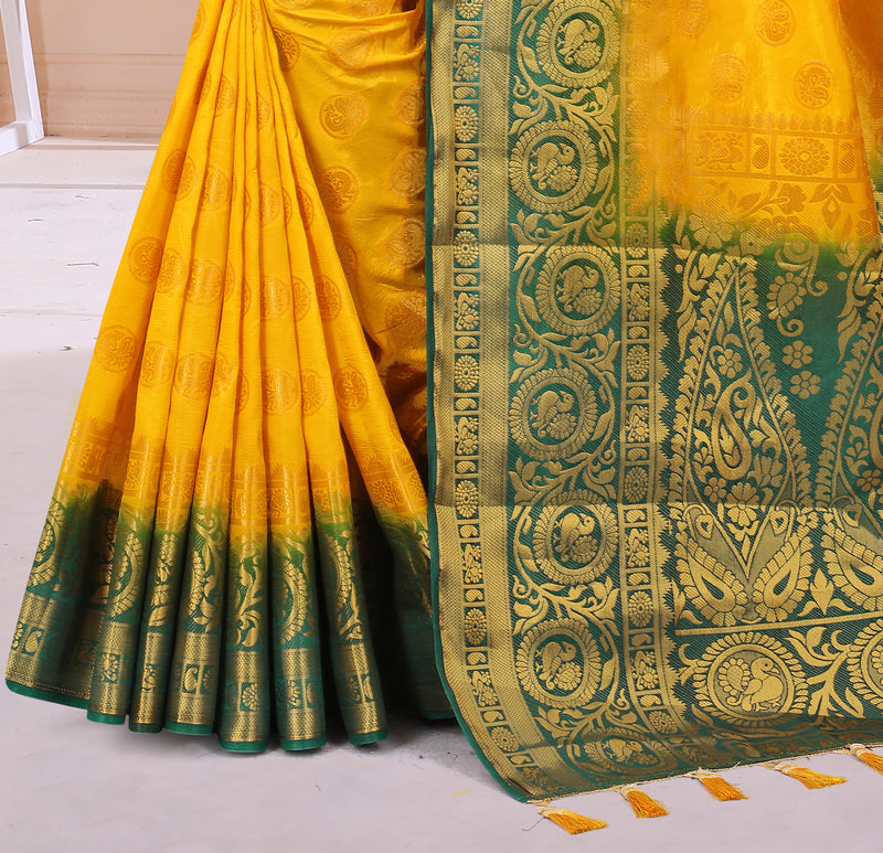 YELLOW-GREEN JACQUARD BALATON SILK SAREE WITH GOLD JARI BUTTI