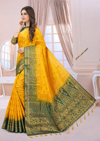 YELLOW-GREEN JACQUARD BALATON SILK SAREE WITH GOLD JARI BUTTI