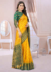 YELLOW-GREEN JACQUARD BALATON SILK SAREE WITH GOLD JARI BUTTI