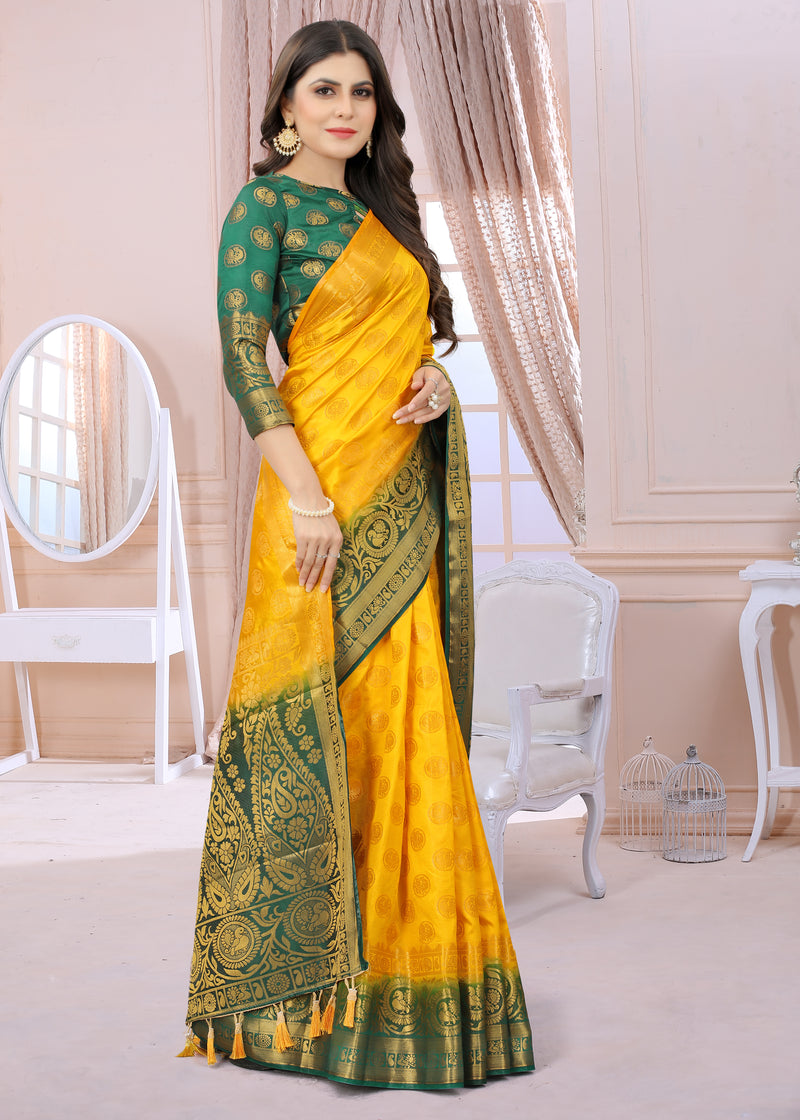YELLOW-GREEN JACQUARD BALATON SILK SAREE WITH GOLD JARI BUTTI