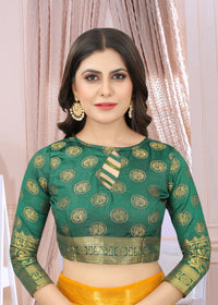 YELLOW-GREEN JACQUARD BALATON SILK SAREE WITH GOLD JARI BUTTI
