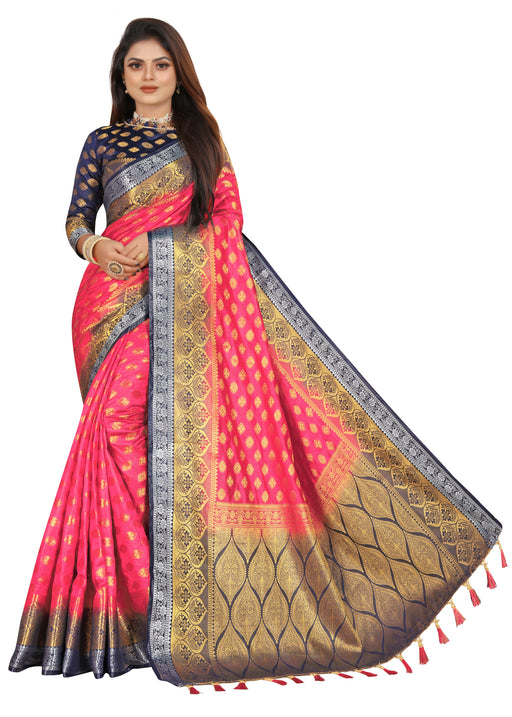 GAJARI-NAVY BLUE JACQUARD BALATON SILK SAREE WITH GOLD JARI BUTTI