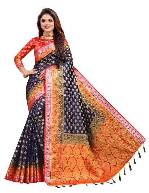 ROYAL BLUE-RED JACQUARD BALATON SILK SAREE WITH GOLD JARI BUTTI