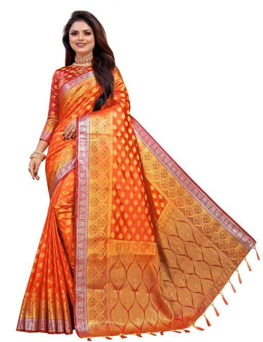 RUST-RED JACQUARD BALATON SILK SAREE WITH GOLD JARI BUTTI