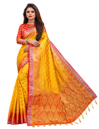 YELLOW-RED JACQUARD BALATON SILK SAREE WITH GOLD JARI BUTTI