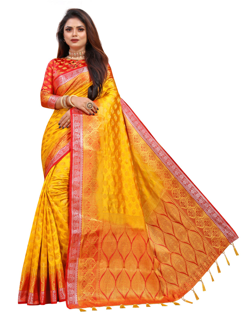 YELLOW-RED JACQUARD BALATON SILK SAREE WITH GOLD JARI BUTTI