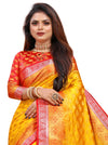 YELLOW-RED JACQUARD BALATON SILK SAREE WITH GOLD JARI BUTTI