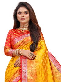 YELLOW-RED JACQUARD BALATON SILK SAREE WITH GOLD JARI BUTTI