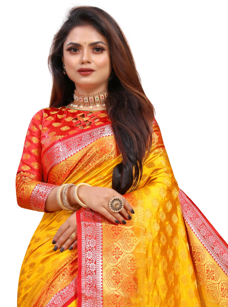 YELLOW-RED JACQUARD BALATON SILK SAREE WITH GOLD JARI BUTTI