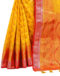 YELLOW-RED JACQUARD BALATON SILK SAREE WITH GOLD JARI BUTTI