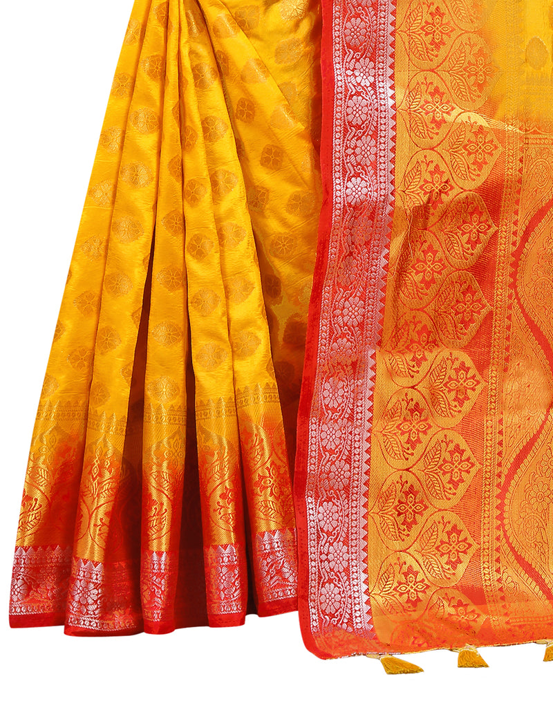 YELLOW-RED JACQUARD BALATON SILK SAREE WITH GOLD JARI BUTTI