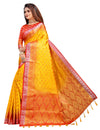 YELLOW-RED JACQUARD BALATON SILK SAREE WITH GOLD JARI BUTTI