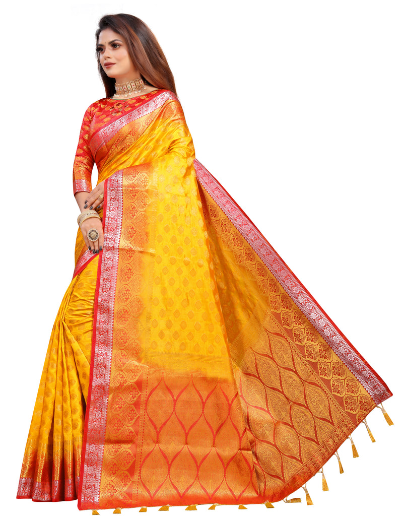 YELLOW-RED JACQUARD BALATON SILK SAREE WITH GOLD JARI BUTTI