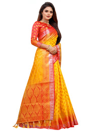 YELLOW-RED JACQUARD BALATON SILK SAREE WITH GOLD JARI BUTTI