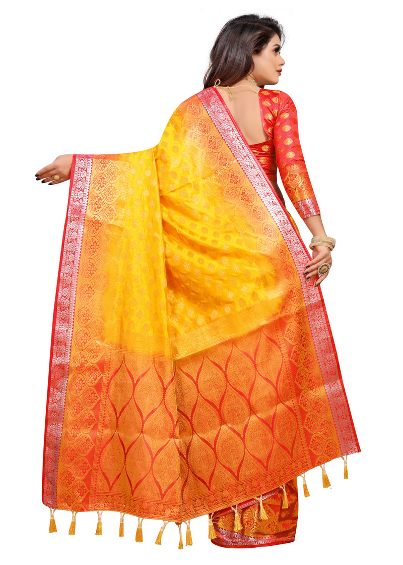 YELLOW-RED JACQUARD BALATON SILK SAREE WITH GOLD JARI BUTTI