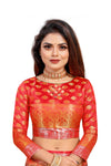 YELLOW-RED JACQUARD BALATON SILK SAREE WITH GOLD JARI BUTTI