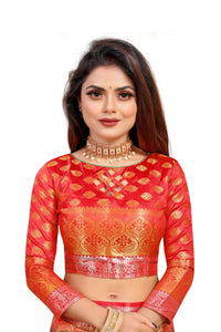 YELLOW-RED JACQUARD BALATON SILK SAREE WITH GOLD JARI BUTTI