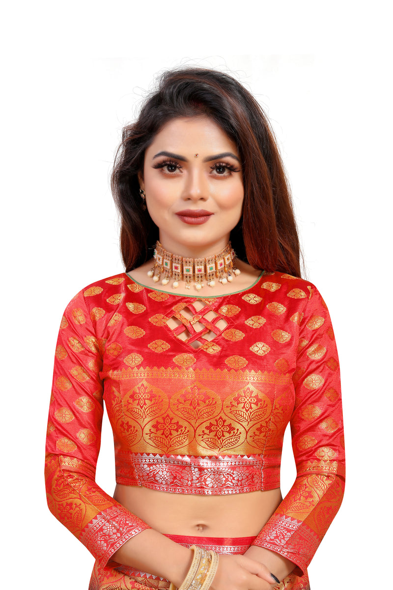 YELLOW-RED JACQUARD BALATON SILK SAREE WITH GOLD JARI BUTTI