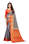 GREY-RED JACQUARD BALATON SILK SAREE WITH GOLD JARI BUTTI