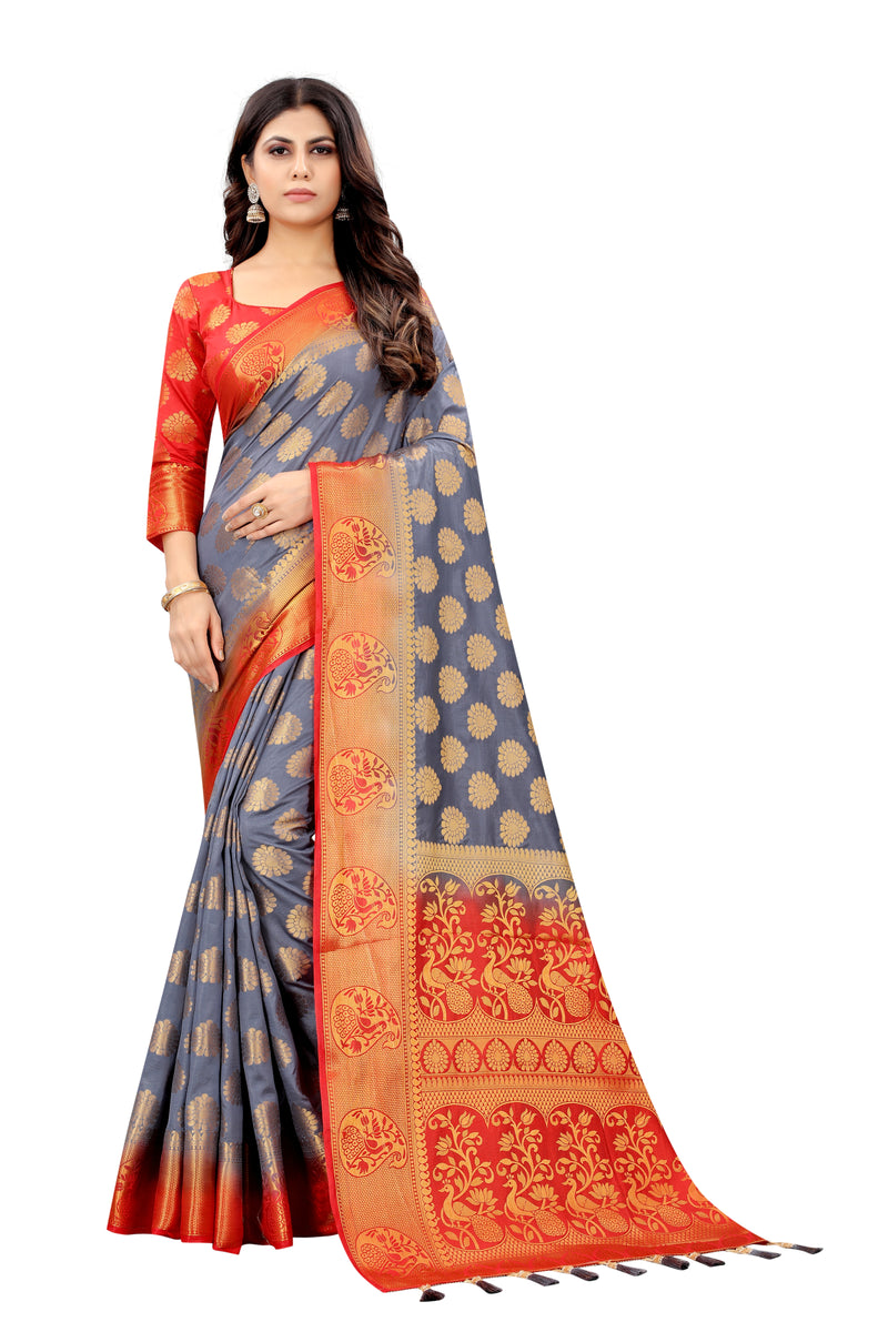 GREY-RED JACQUARD BALATON SILK SAREE WITH GOLD JARI BUTTI