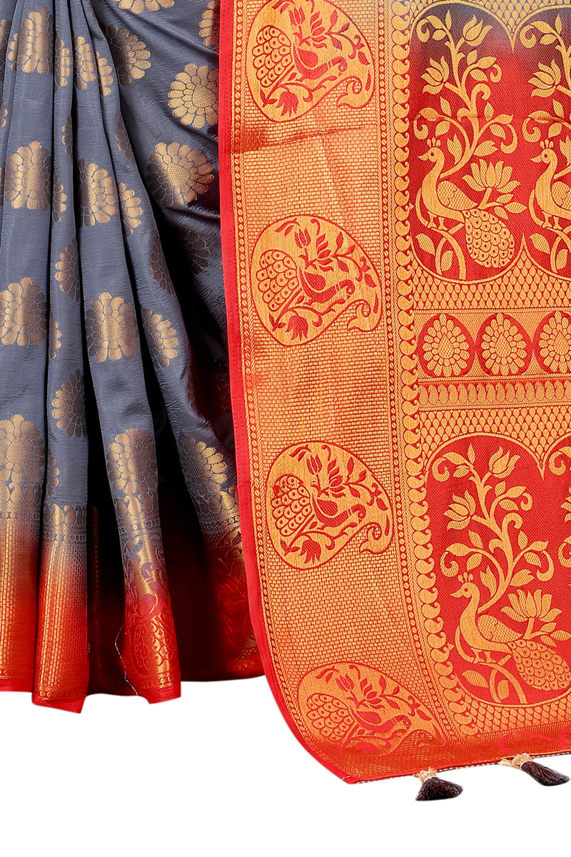 GREY-RED JACQUARD BALATON SILK SAREE WITH GOLD JARI BUTTI