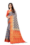 GREY-RED JACQUARD BALATON SILK SAREE WITH GOLD JARI BUTTI