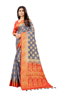 GREY-RED JACQUARD BALATON SILK SAREE WITH GOLD JARI BUTTI