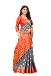 GREY-RED JACQUARD BALATON SILK SAREE WITH GOLD JARI BUTTI