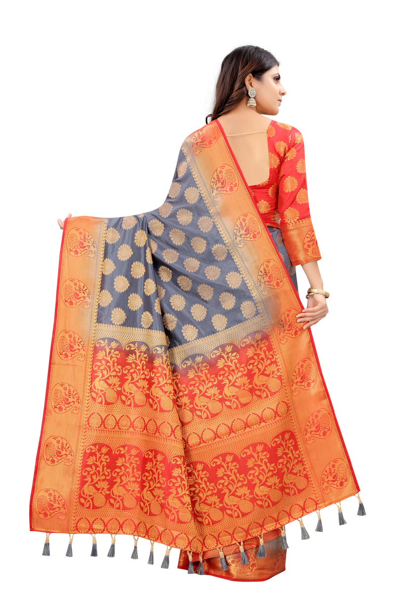 GREY-RED JACQUARD BALATON SILK SAREE WITH GOLD JARI BUTTI